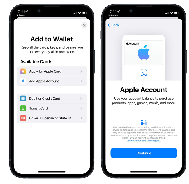 龙楼镇苹果手机维修分享iOS 15.5钱包App如何添加 Apple 账户 
