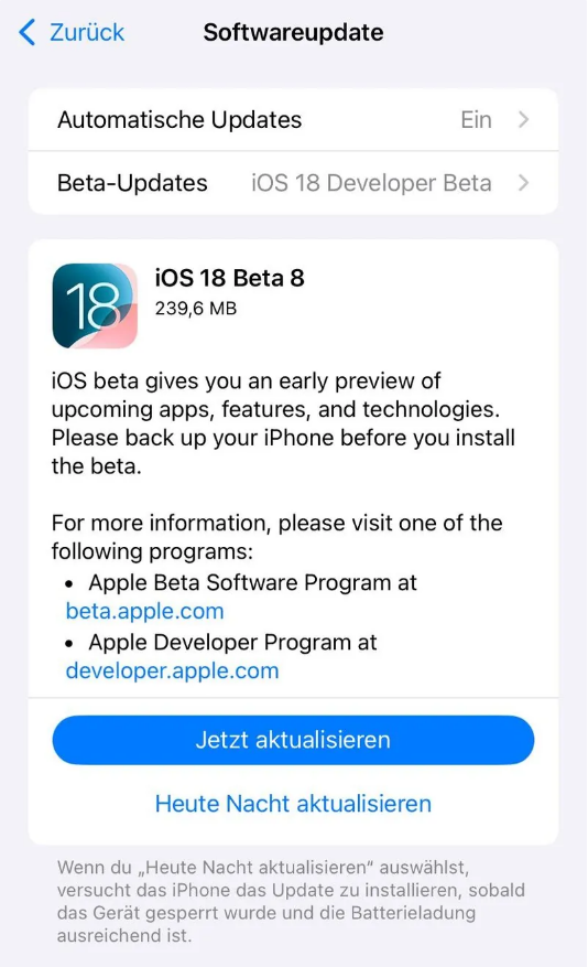 龙楼镇苹果手机维修分享苹果 iOS / iPadOS 18 开发者预览版 Beta 8 发布 